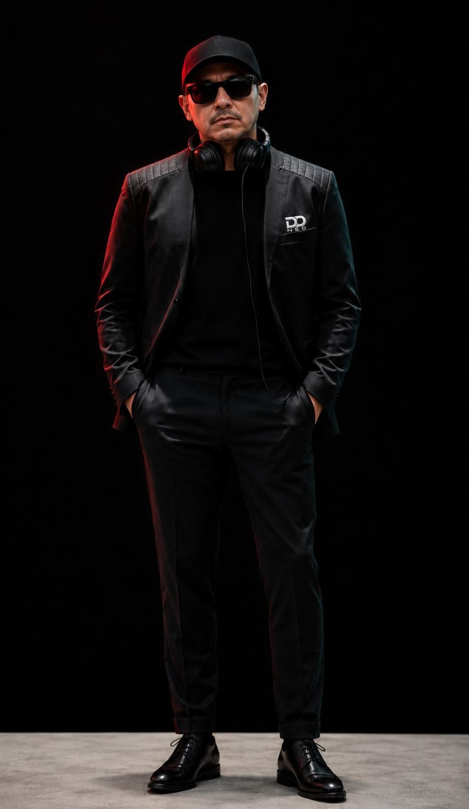DJ NEO de pie, vestido de negro con audífonos al cuello